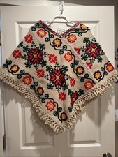 Mexican Floral Embroidered Wool Poncho One Size