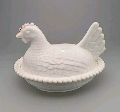 VTG Indiana Glass Milk Glass Chicken Hen On Nest Lidded Candy Dish Bowl AS-IS