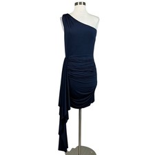 XSCAPE Women's Cocktail Dress Size 10 Blue One Shoulder Draped Mini Sheath