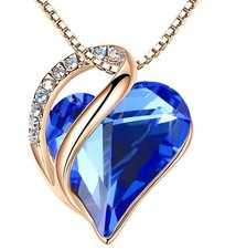 Rose Gold Plated Necklace for Women: Heart Shaped Sapphire Blue Crystal Cente...
