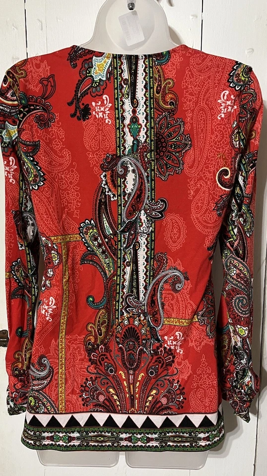 eci New York Mujer Talla S Manga Larga Cuello en V Rojo Estampado Paisley Cuentas Foto 4 de 4