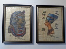 Lot of 2 Egyptian Art on Papyrus under glass frames, signed, color