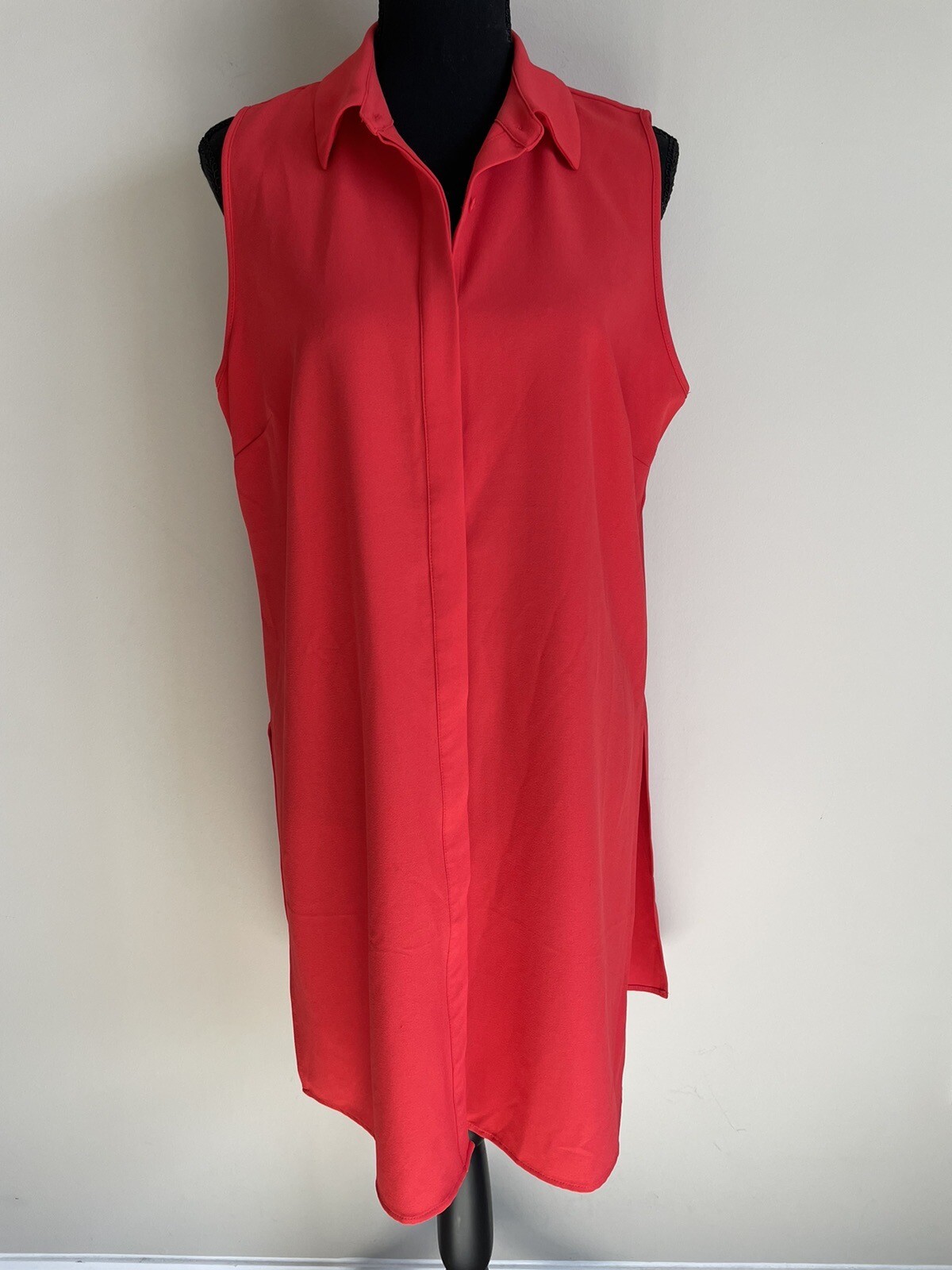 Joan Vass Studio Sz L Longline Red Tunic Button Front Stretch Sleeveless Slits