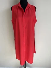 Joan Vass Studio Sz L Longline Red Tunic Button Front Stretch Sleeveless Slits