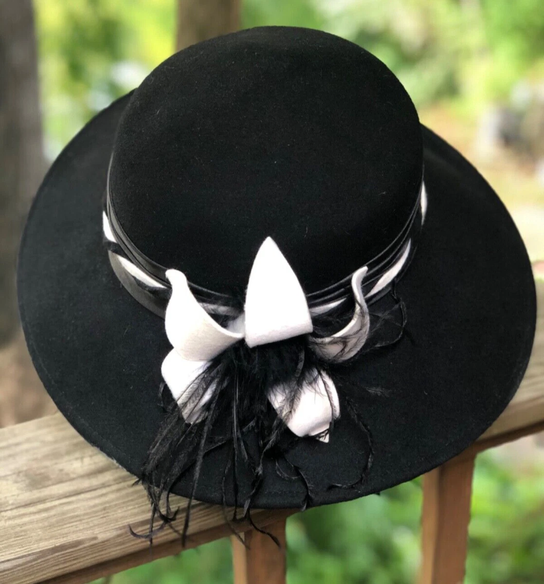 August Accessories Fine Millinery Black Wool Felt Wide Brim Derby Elegant Hat