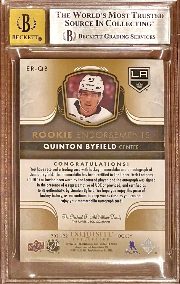 /50 RPA Quinton Byfield 2021-22 UD The Cup Exquisite Rookie Patch Auto 10 BGS 8 - Image 2 of 2