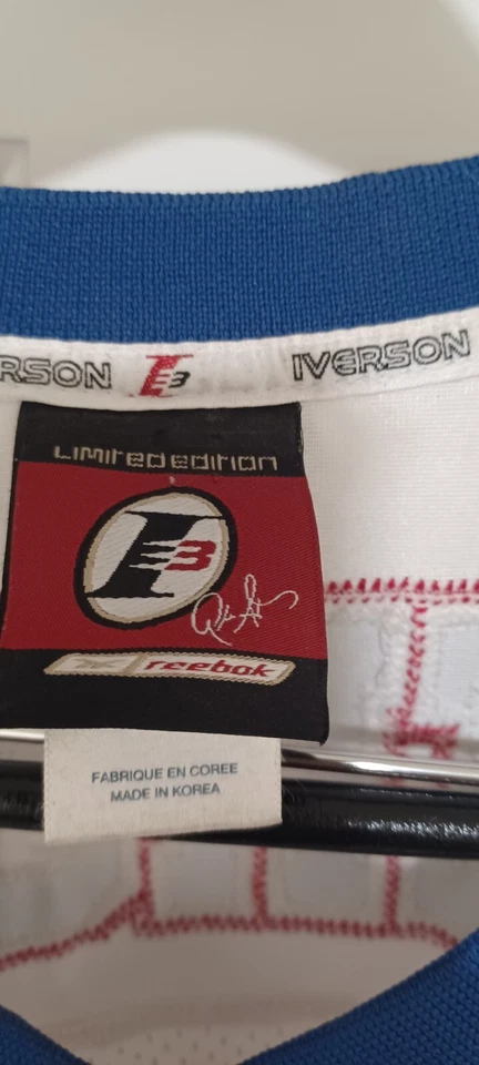 Camiseta de fútbol Reebok edición limitada Allen Iverson #3 roja blanca y azul XL Foto 2 de 4