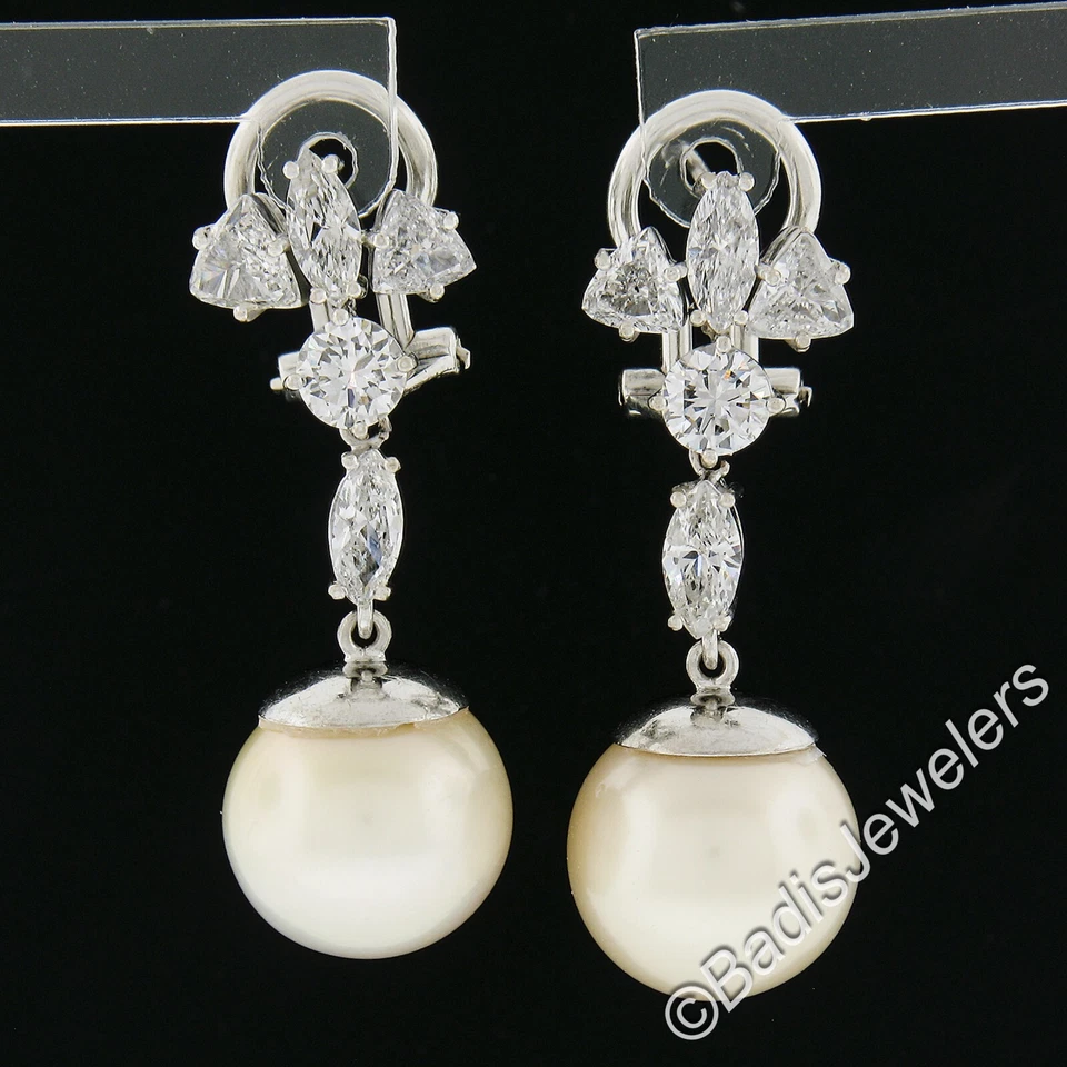 White Gold GIA Large Saltwater Cultured Pearl & Diamond Dangle Drop Earrings - Image 2 of 4