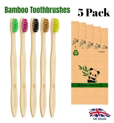 GREENMINGLE Bamboo Toothbrush Biodegradable Natural Wooden 5 Pack Eco Medium Waved Bristles