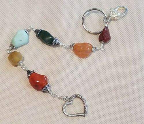 Gemstone Bead Purse Charm Dangle Bag Clip Zipper Pull Key Fob Silver Heart Charm - Picture 1 of 6