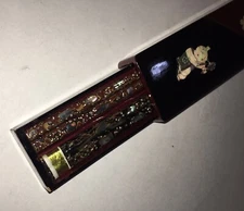 2 PAIR Vintage Wood Chopsticks in Wood Box Topped With CHILD & FLOWERS CHINESE