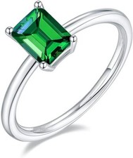 6x8MM Emerald Cut Simulated Green Emerald Solitaire Ring 925 Sterling Silver