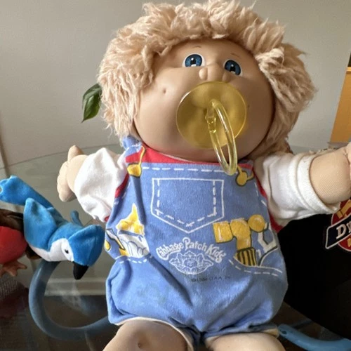 Cabbage Patch Kids Baby Doll Blonde Curly Hair Blue Eyes Pacifier Signed w/BC