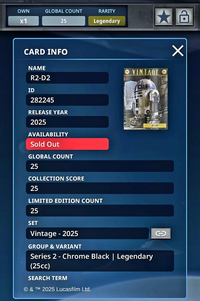 Topps Star Wars Digital Card Legendary 2025 Vintage R2-D2 (25cc) - Image 3 of 4