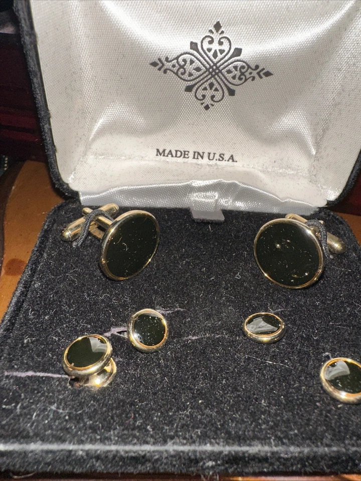 Black And Gold Vintage Edwardian Cuff Links And Buttons. Gold Hardware - Image 2 of 2