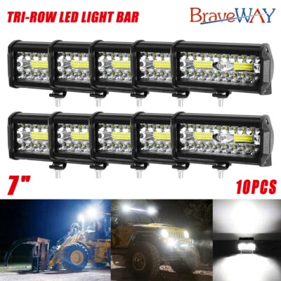 BRAVEWAY 10PCS 7"Inch LED Work Light Bar Flood Pod Driving Off-Road Tractor 4WD 12V 1200W