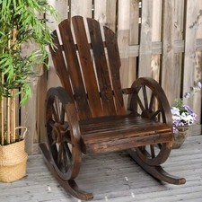 Rustic Wood Adirondack Rocking Patio Log Chair w/ Slatted Design, Wheel Armrests