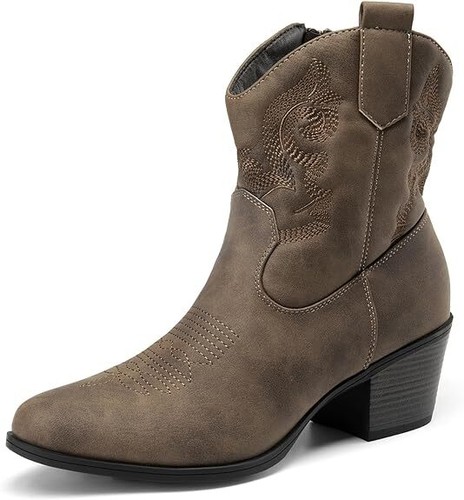 Women Western Cowboy Boots Low Chunky Heel Round Toe Side Zipper Ankle Boots - Picture 23 of 27