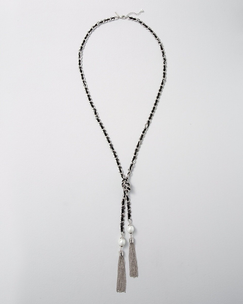 White House Black Market Ribbon Woven Pearls & Chain Tassel Silver
