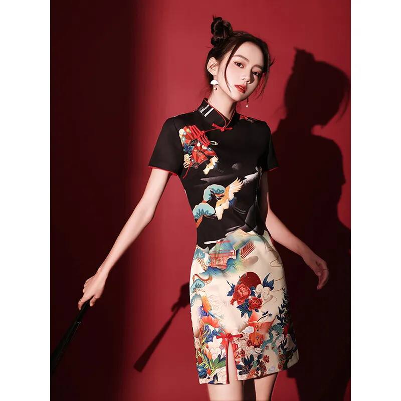 3COLOUR★Slit cheongsam two-piece dress 313 Women's Fashion Beijing Opera Print Slit Cheongsam Qipao