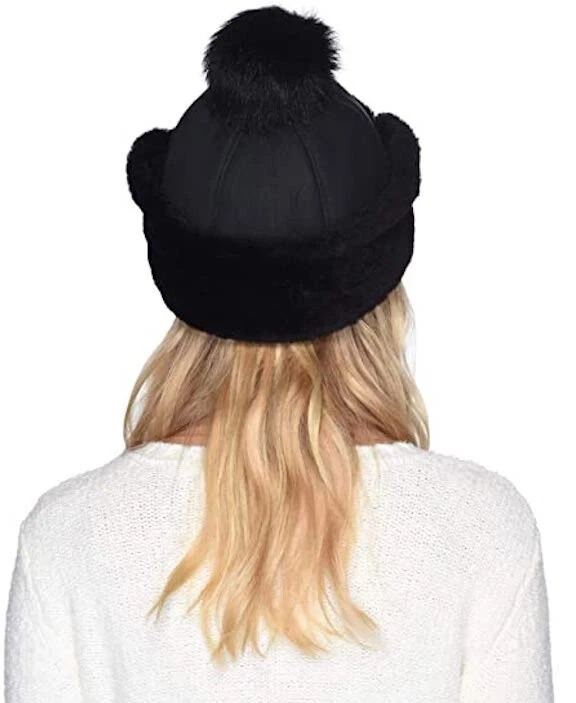 UGG Hat Up Flap Shearling Pom Aviator Water Resistant Trapper New Black $190