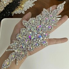 1 PC Designer Crystal AB Silver Rhinestone Applique Flower Patch Iron Sew On
