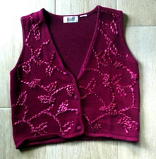 SOSTANZA  KNITTED VEST PLUM/MAROON Button-up Ribbon Decoration Sz M 70s80s90s