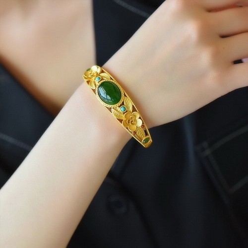 Girl's carving jasper peace 22K 23K 24K THAI BAHT YELLOW GOLD GP Bracelet - Picture 9 of 10