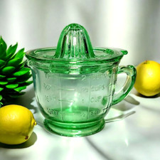 Green Depression Style Glass Measuring Cup, Juicer Reamer Mixing Bowl, VTG Style