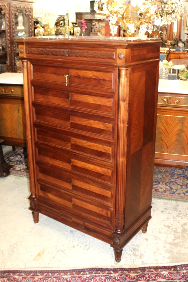 Escritorio de secretaria francés antiguo Luis XVI de nogal | Armario de escritorio con tapa de mármol Foto 3 de 4