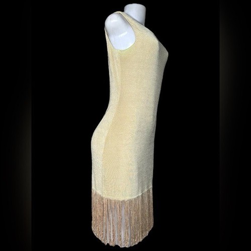 VTG 80s TOGETHER! Metallic Gold Bodycon Flapper Fringe Dress M USA Nylon Spandex - Picture 3 of 10