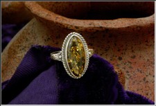Gorgeous Vintage Marquise Baltic Green Amber Cabochon Sterling Silver Ring Sz 7