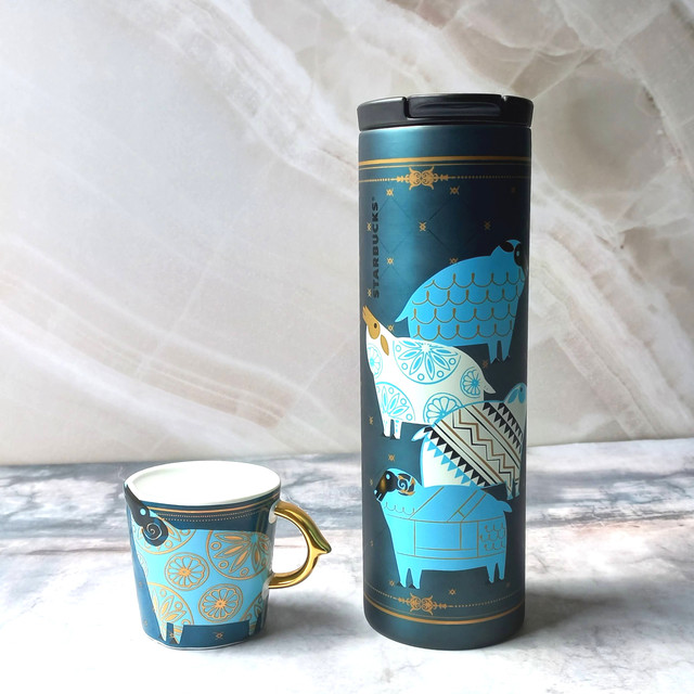 Starbucks Korea 2015 SS New Year Blue Sheep Troy 473 ml & Demi Mug 89 ml - Rare