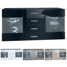Sideboard Kommode Vitrine Schrank Anrichte Bari V1 Schwarz, Hochglanz, Naturtöne
