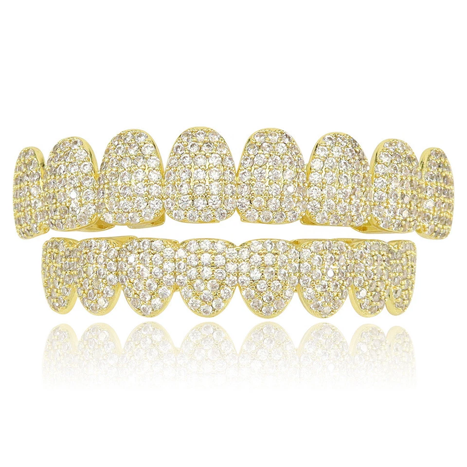 Big 8Top 8Bottom Set Parrillas Hip Hop Heladas 5A+ Circonita cúbica Chapadas en Oro Plata Foto 2 de 4