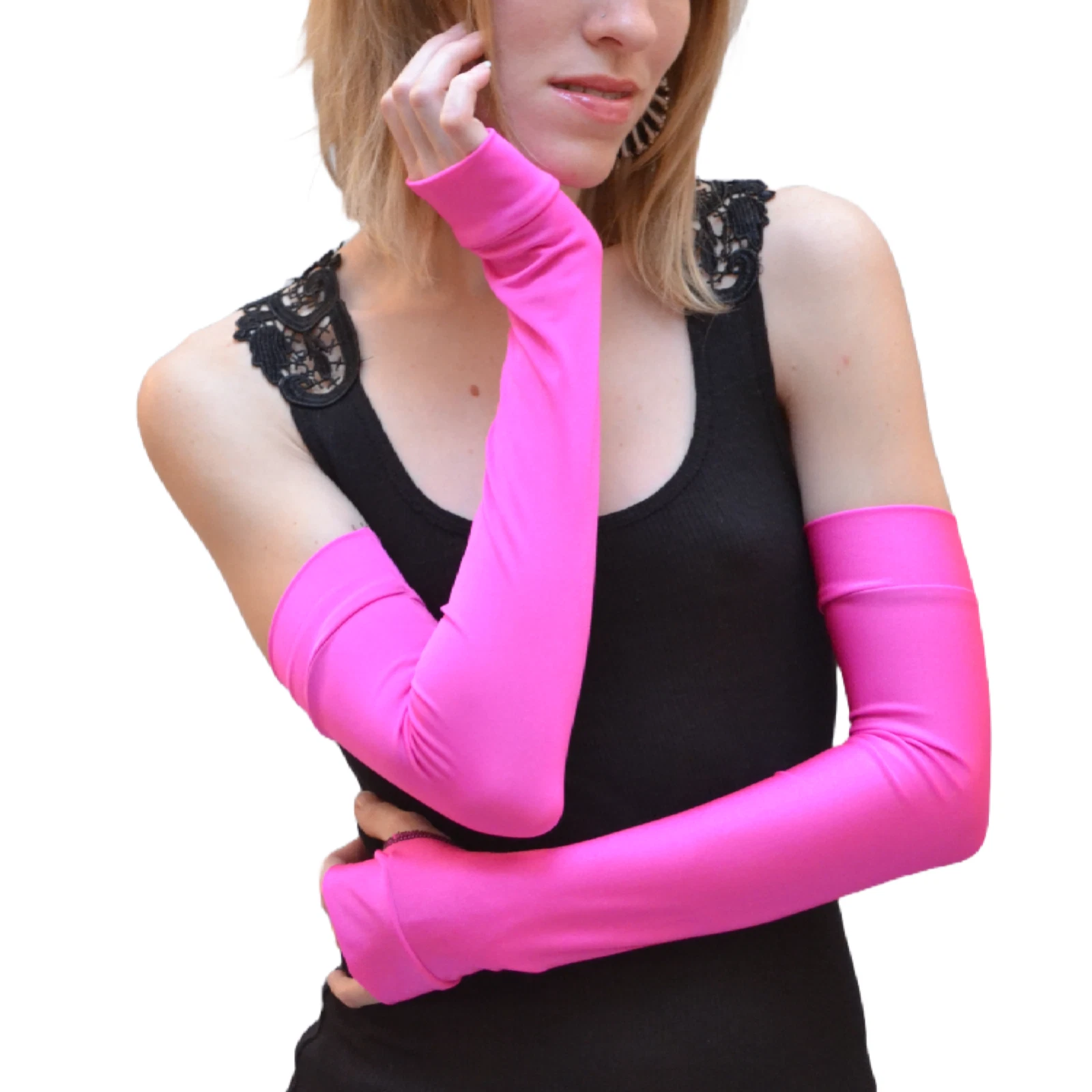 Womens Long Pink Arm Warmers Fingerless Gloves Armwarmers Anime Cosplay Costume