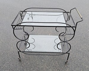Vintage BAR CART Art Deco Scrolled Iron Glass Shelves