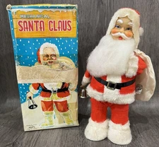 VTG Xmas Alps Wind Up Mechanical Santa Claus Bell Ringing w/Box U Neek Japan Toy