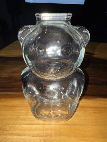 VTG Anchor Hocking Clear Glass Teddy Bear Coin Bank Jar 6”
