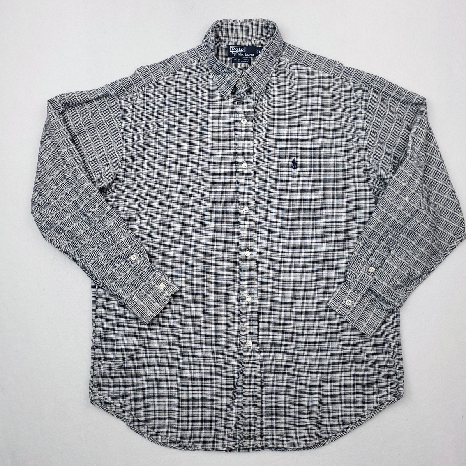 Vintage Polo Ralph Lauren Shirt Men Large Blue Gray Plaid Lowell Sport Button Up