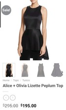 Alice+Olivia Lizette Peplum Top/Short Sleeveless Dress Sz 6 Black Satin $295 MSP