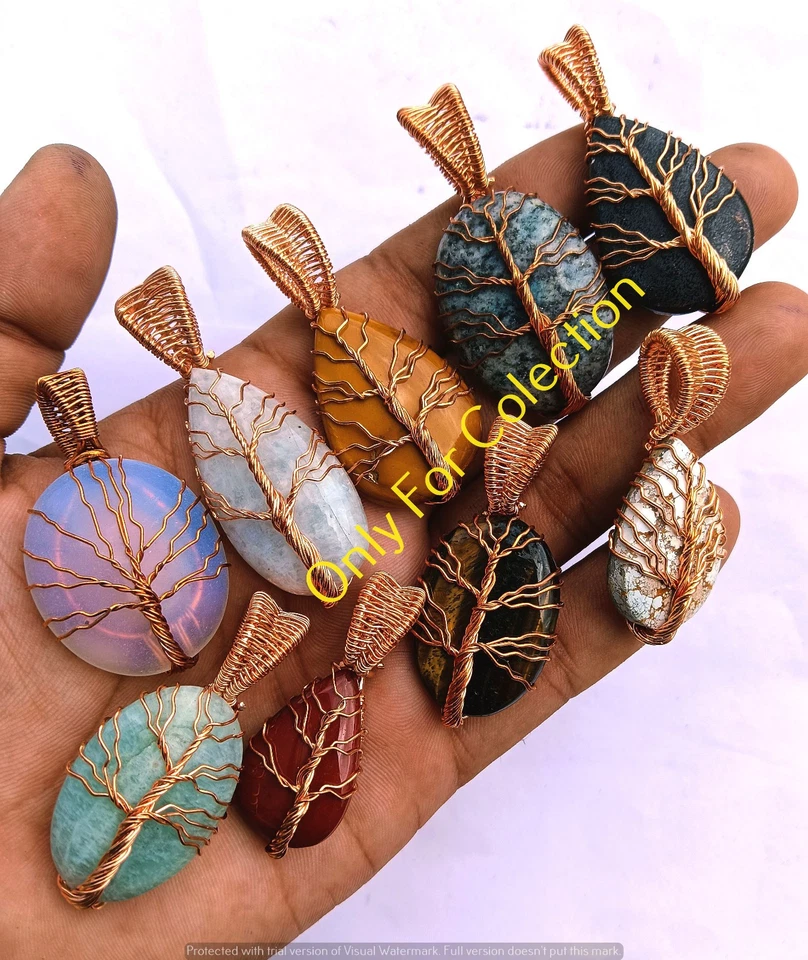 Lote de colgantes de árbol de la vida de ópalita y mezcla de piedras preciosas envueltas en alambre de cobre joyas Foto 2 de 3