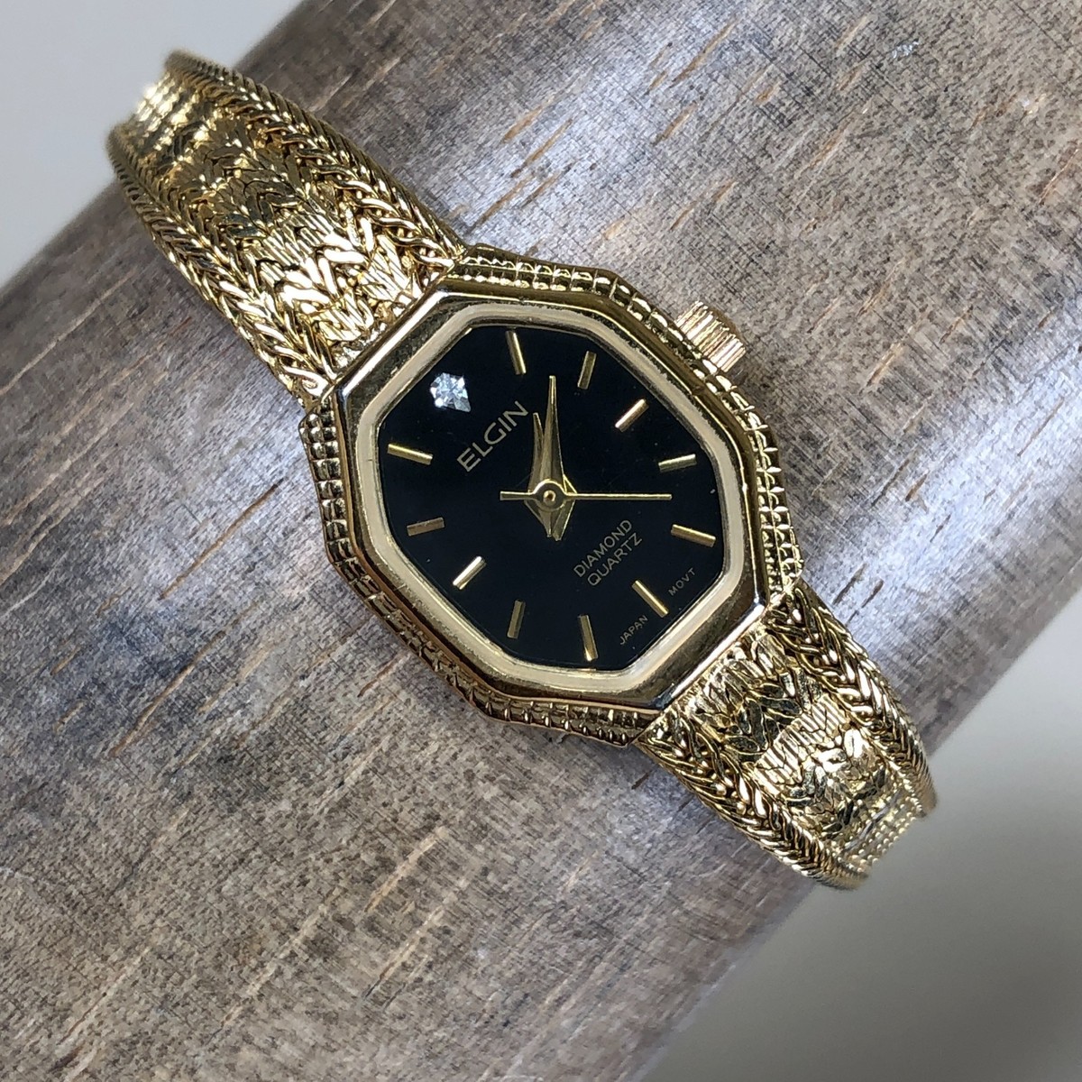 Vintage Women's Ek760-017 Elgin Diamond Quartz Black Dial Oval