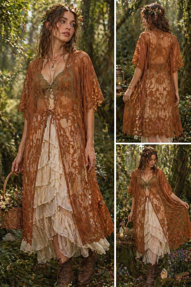 Boho Floral Lace Kimono Duster Maxi Sheer Open Front Cover Up