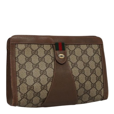 GUCCI GG Supreme Web Sherry Line Clutch Bag PVC Beige Green Red