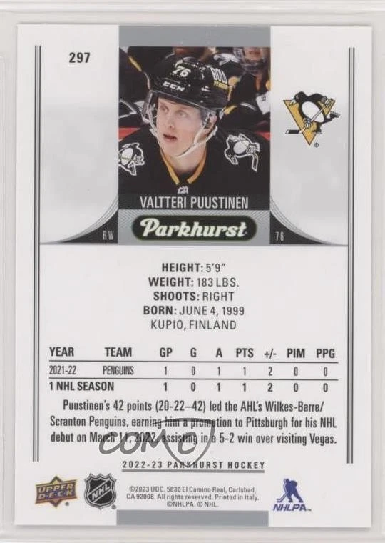 2022-23 Upper Deck Parkhurst Rookies Bronze Border Valtteri Puustinen Rookie RC - Image 2 of 2