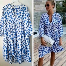 Zara Blue White Poppy Asymmetric Hem Summer Dress Midi Tunic S Small 8 10