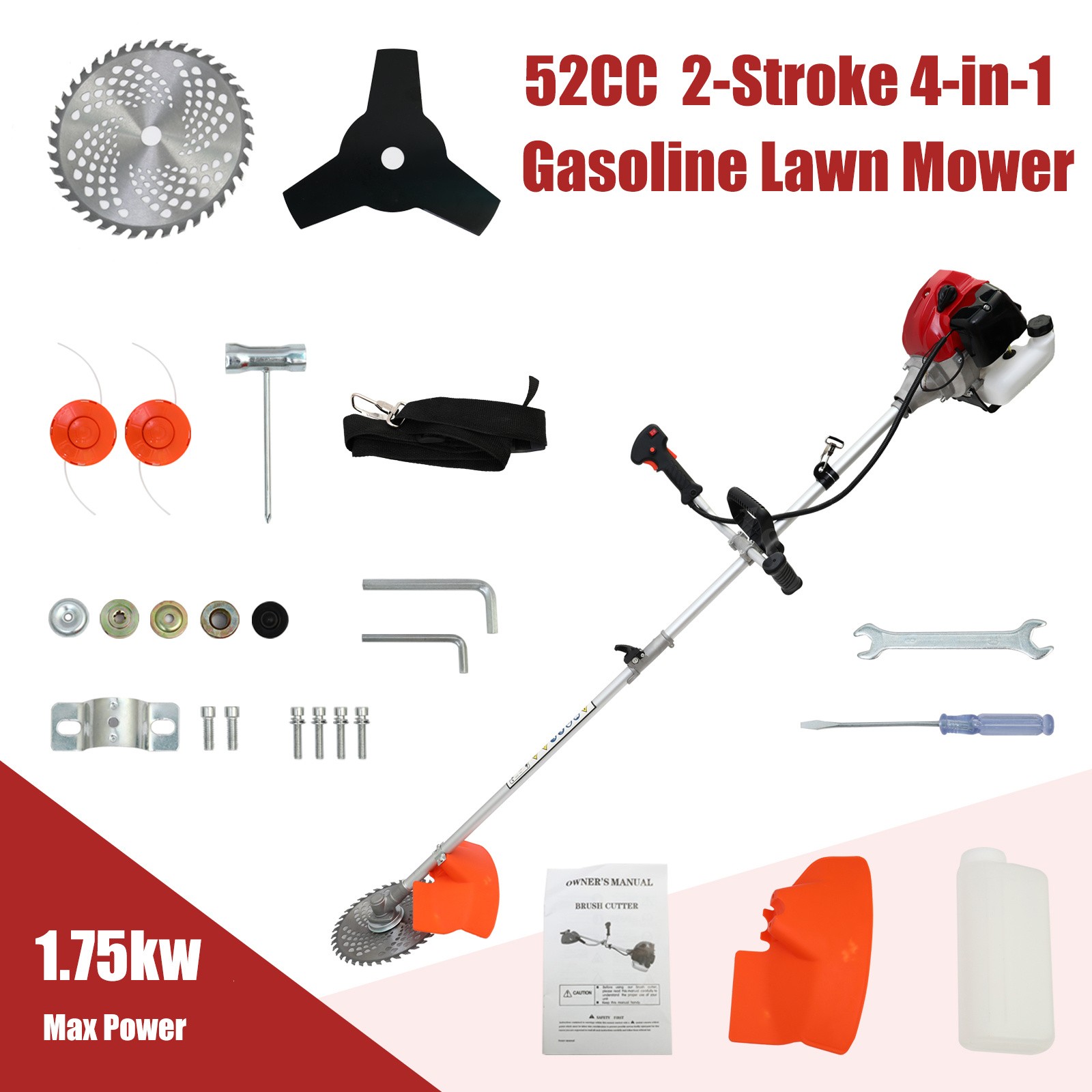 52CC 2-Stroke Gas String Trimmer Weed Eater 4-in-1 Lawn Mower