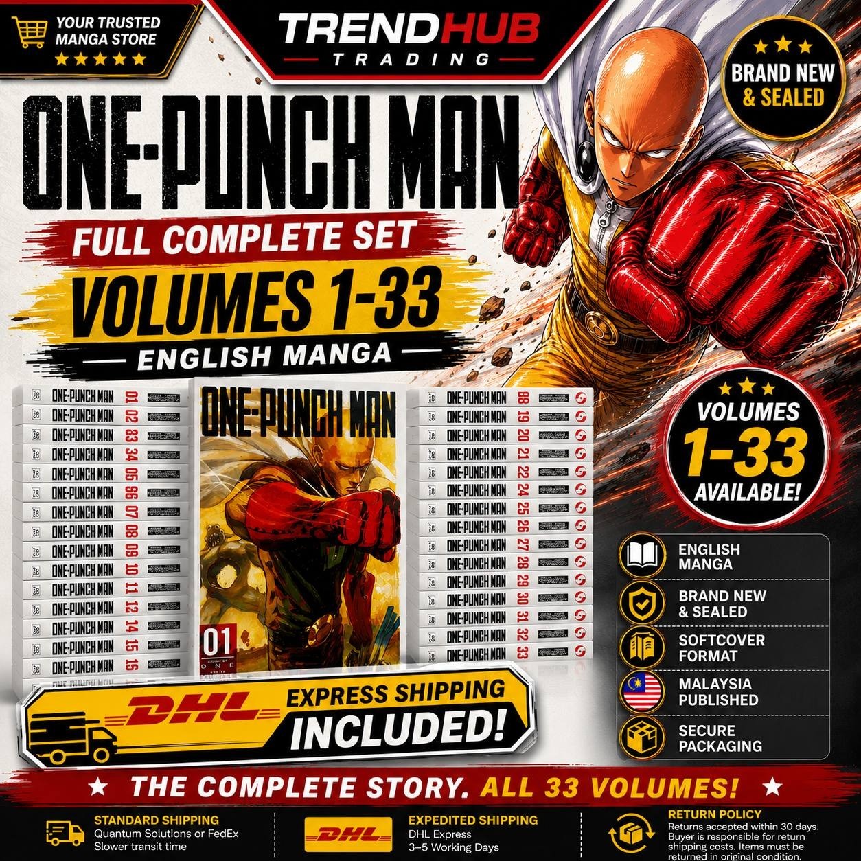 One Punch Man Manga Inglés Volumen 1 - 33 (ÚLTIMO) JUEGO COMPLETO - ENVÍO RÁPIDO