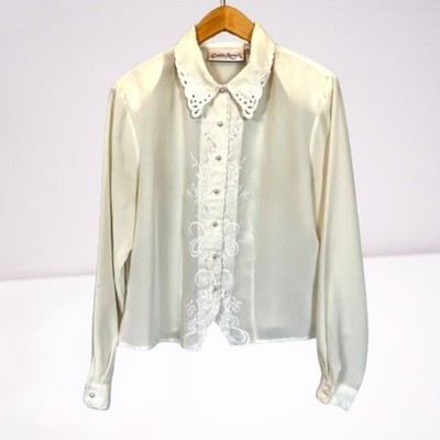 Claudia Richard Silky Long Sleeve Off White Cream Neutral Embroidered Blouse
